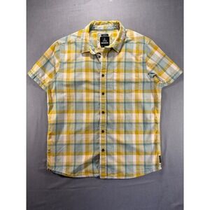 Prana Mens Slim Fit Plaid Short Sleeve Button Up Shirt Medium Organic Cotton